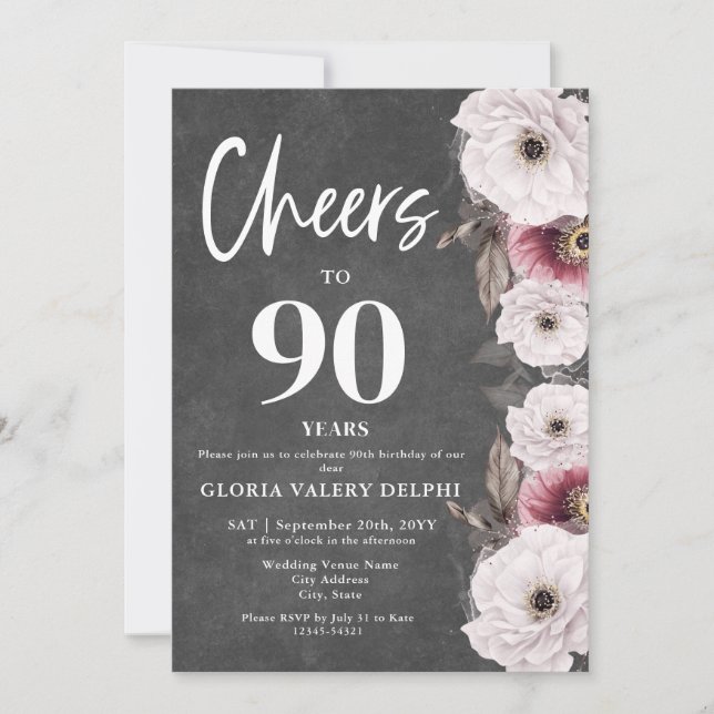 White Floral Chalkboard Cheers to 90th Birthday  Einladung (Vorderseite)
