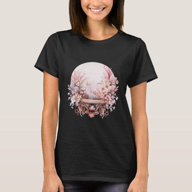 White Floral Crystal Ball Black Happy Halloween T-Shirt (Vorderseite)