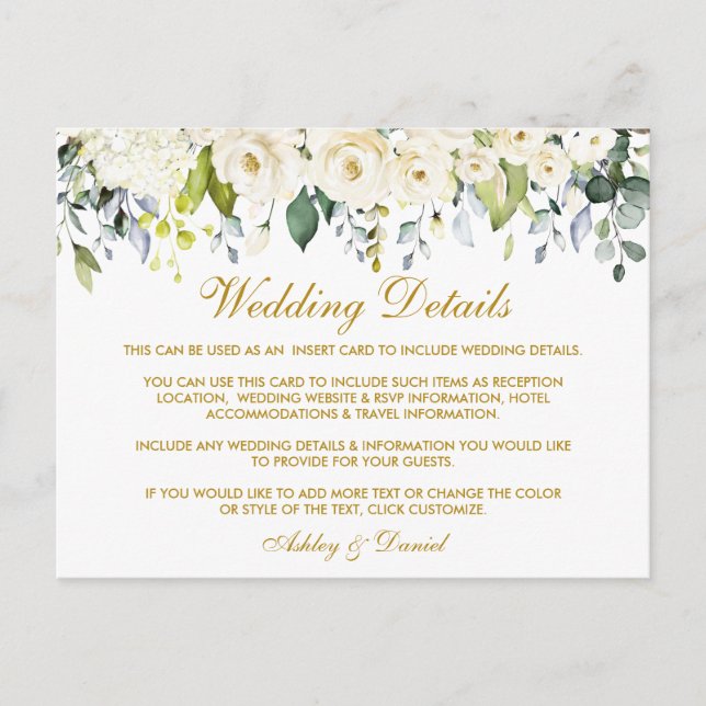 White Floral Dusty Blue Gold Wedding Details Card Postkarte (Vorderseite)