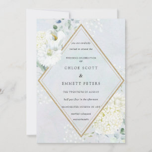 White Floral Dusty Blue Watercolor Wedding Einladung