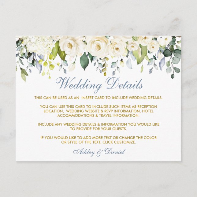 White Floral Dusty Blue Wedding Details Card Postkarte (Vorderseite)