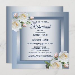 White Floral Elegant Blue Gray Rehearsal Dinner Einladung