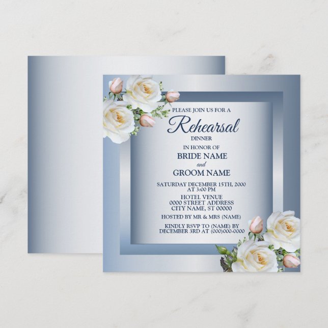 White Floral Elegant Blue Gray Rehearsal Dinner Einladung (Vorne/Hinten)
