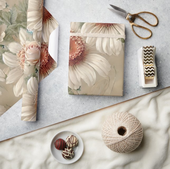 White Floral Elegant Daisies Geschenkpapier (Kunsthandwerk)