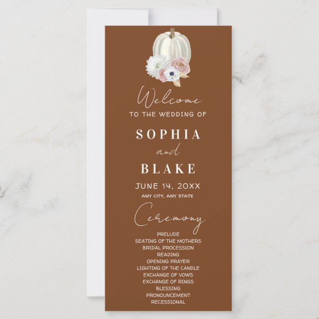 White Floral Fall Pumpkin Brown Hochzeitsprogramm (Vorderseite)