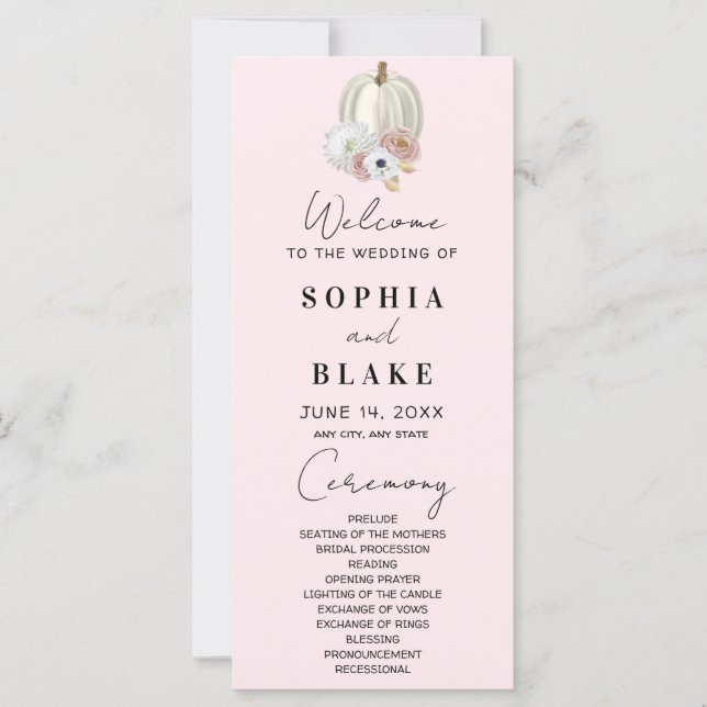 White Floral Fall Pumpkin Pink Hochzeitsprogramm (Vorderseite)