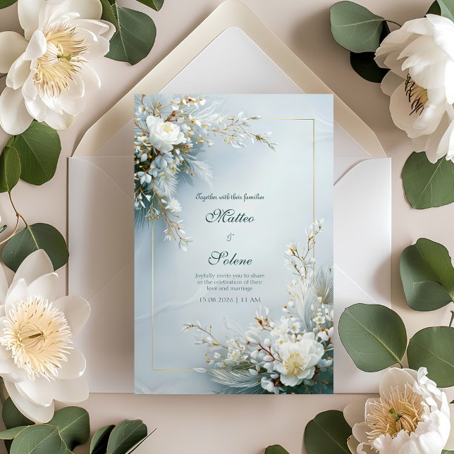 White Floral Feather Gold Frame Elegant Wedding Einladung (Von Creator hochgeladen)