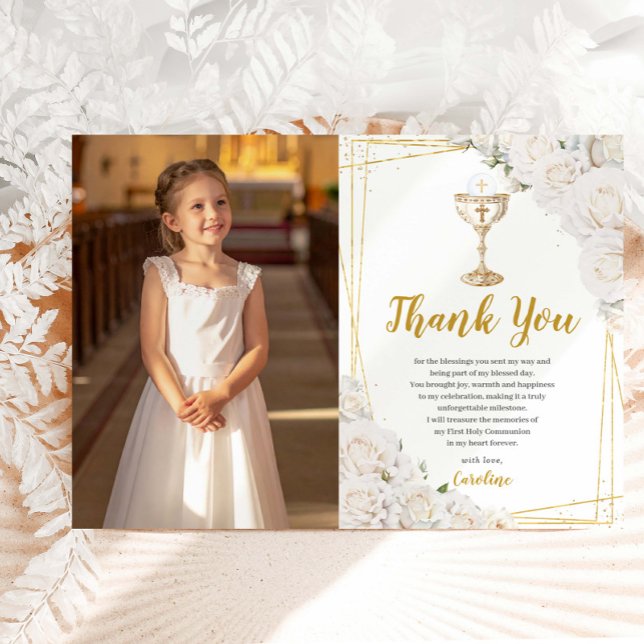 White Floral First Holy Communion Chalice Photo Dankeskarte (Von Creator hochgeladen)