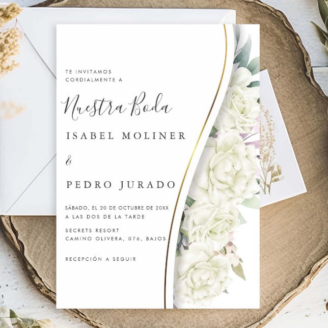 White Floral Foliage Nuestra Boda Spanische Hochze Einladung (Von Creator hochgeladen)