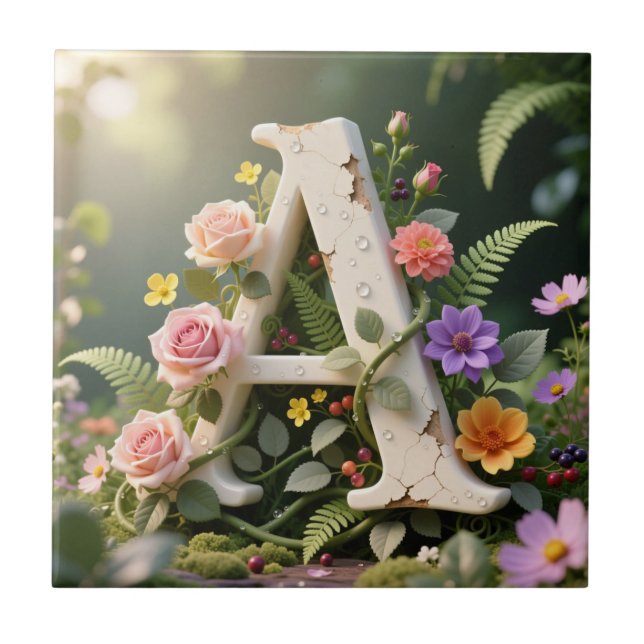 White Floral Garden Monogram Letter A Fliese (Vorderseite)