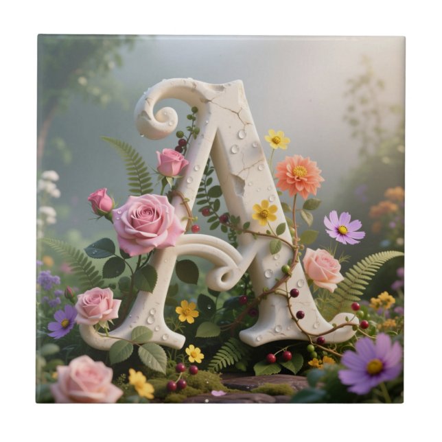White Floral Garden Monogram Letter A Fliese (Vorderseite)