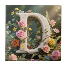 White Floral Garden Monogram Letter D Fliese