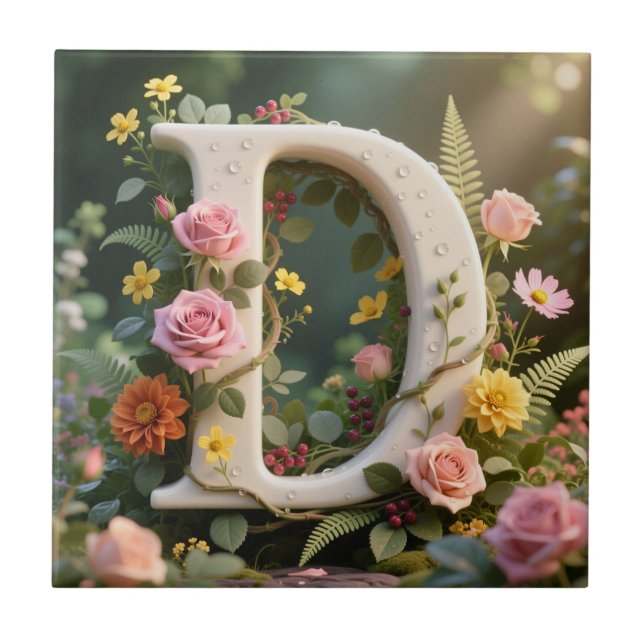 White Floral Garden Monogram Letter D Fliese (Vorderseite)