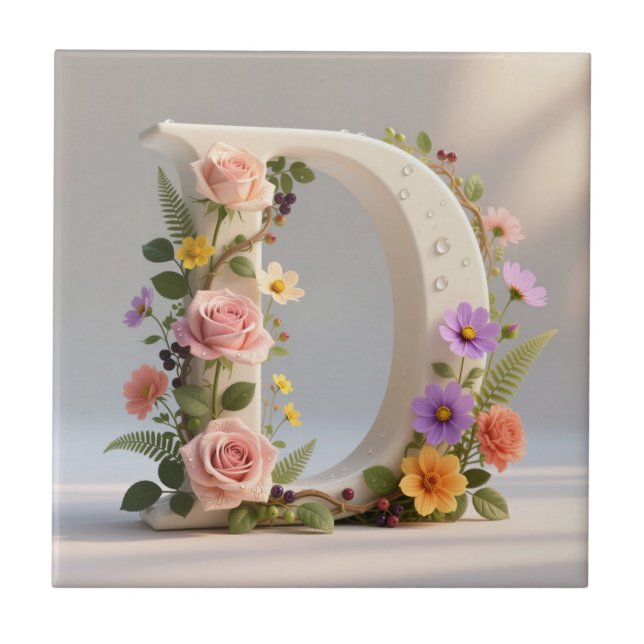White Floral Garden Monogram Letter D Fliese (Vorderseite)