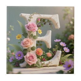 White Floral Garden Monogram Letter E Fliese