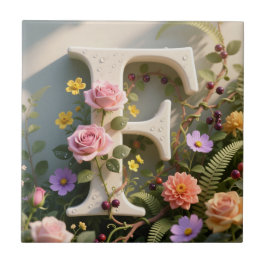 White Floral Garden Monogram Letter F Fliese