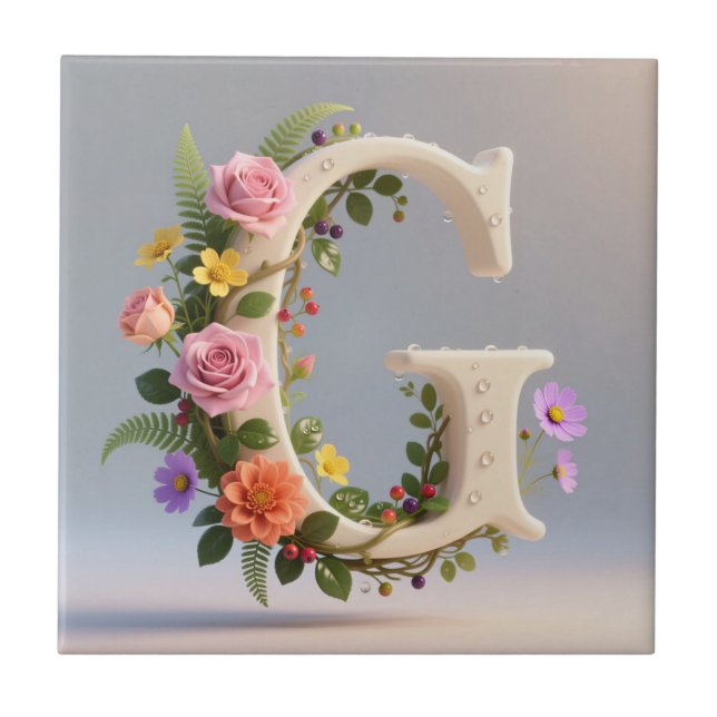 White Floral Garden Monogram Letter G Fliese (Vorderseite)