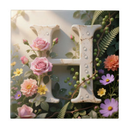 White Floral Garden Monogram Letter H Fliese