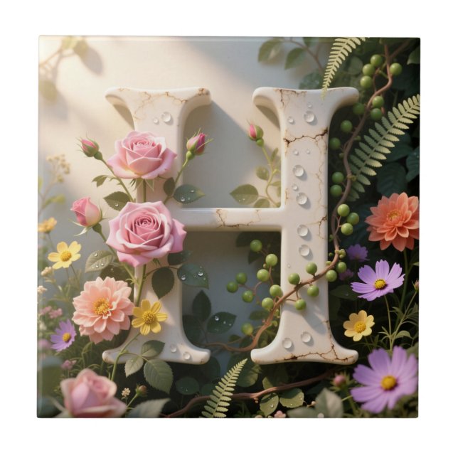 White Floral Garden Monogram Letter H Fliese (Vorderseite)
