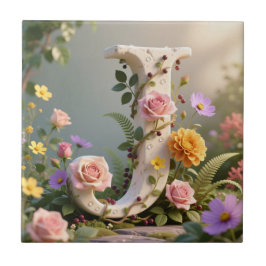 White Floral Garden Monogram Letter J Fliese