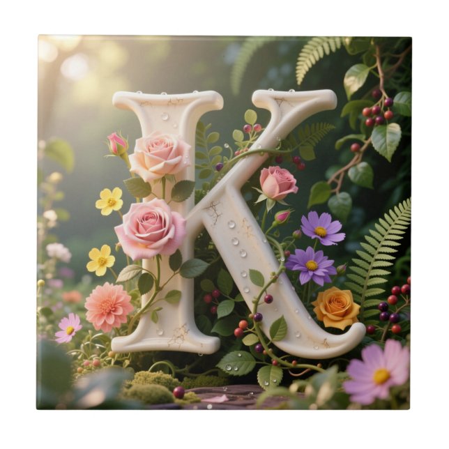 White Floral Garden Monogram Letter K Fliese (Vorderseite)