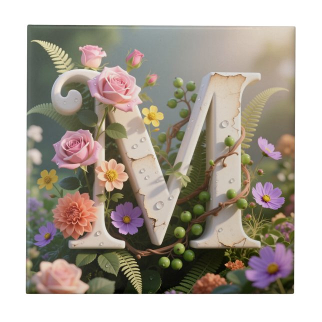 White Floral Garden Monogram Letter M Fliese (Vorderseite)
