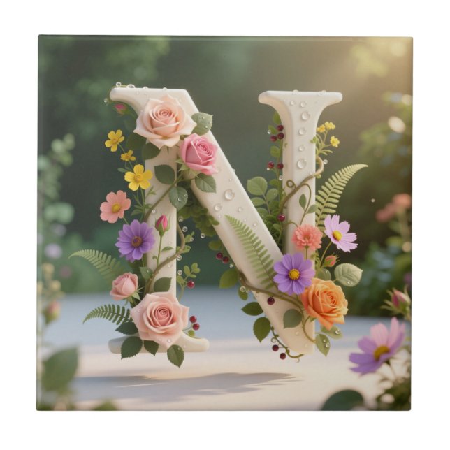 White Floral Garden Monogram Letter N Fliese (Vorderseite)