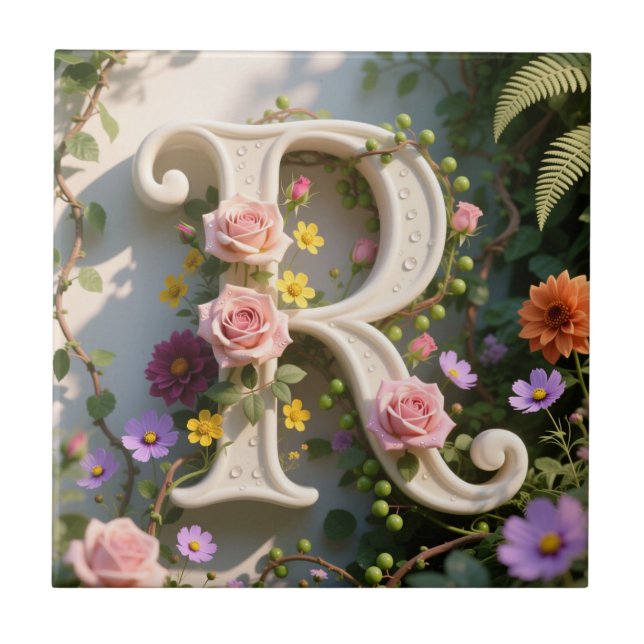 White Floral Garden Monogram Letter R Fliese (Vorderseite)