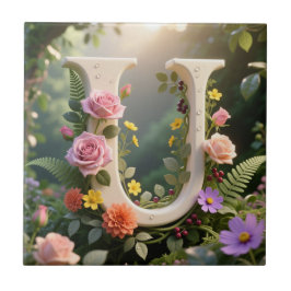 White Floral Garden Monogram Letter U Fliese