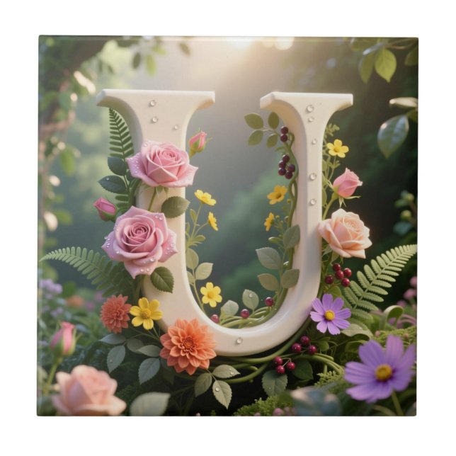 White Floral Garden Monogram Letter U Fliese (Vorderseite)