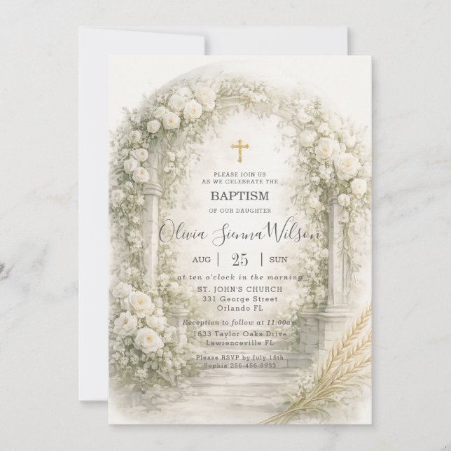 White Floral Garden Wheat Baptism Christening Einladung (Vorderseite)