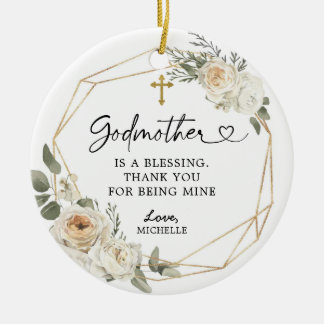 White Floral Geometric Godmutter Weihnachtsgeschen Keramik Ornament