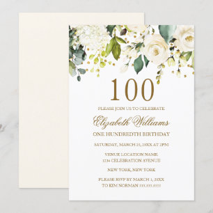 White Floral Gold Confetti 100. Geburtstag Einladung