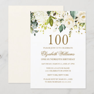 White Floral Gold Confetti 100. Geburtstag Einladung