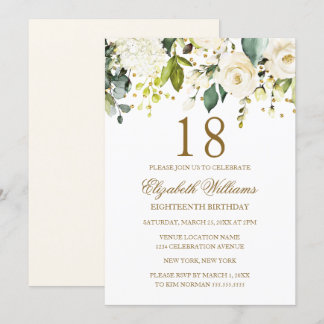 White Floral Gold Confetti 18. Geburtstag Einladung