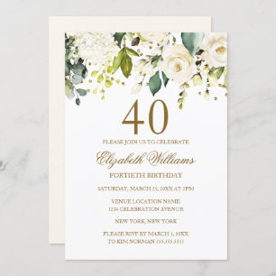 White Floral Gold Confetti 40. Geburtstag Einladung