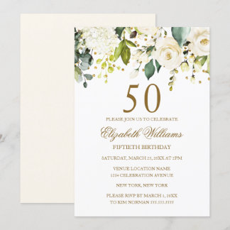 White Floral Gold Confetti 50. Geburtstag Einladung