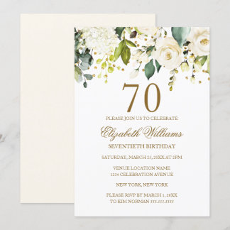 White Floral Gold Confetti 70. Geburtstag Einladung