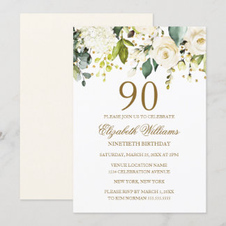 White Floral Gold Confetti 90. Geburtstag Einladung