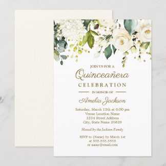 White Floral Gold Confetti Quinceanera 15. Einladung