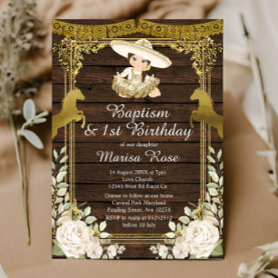 White Floral Gold Fiesta Girl Taufe Christening Einladung