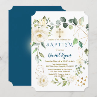 White Floral Gold Geometric Cross Boy Taufe Einladung