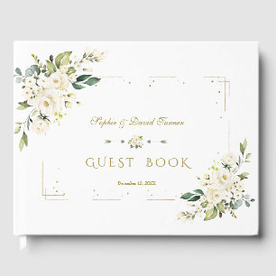 White Floral Gold Glitzer Frame Hochzeit Gästebuch