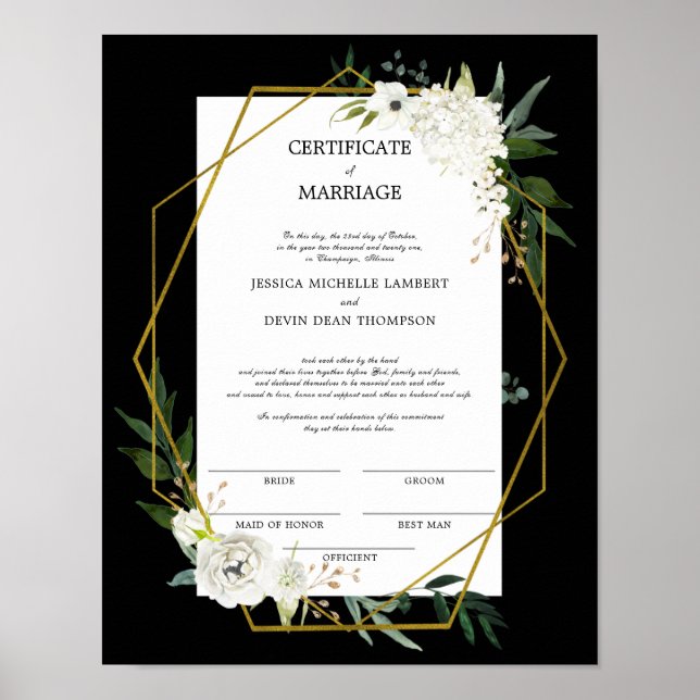White Floral Gold Hochzeitserklärung Poster (Vorne)
