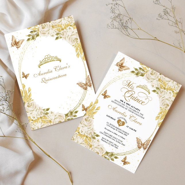 White Floral Gold Tiara Butterfly Mis Quinceañera Einladung (Von Creator hochgeladen)