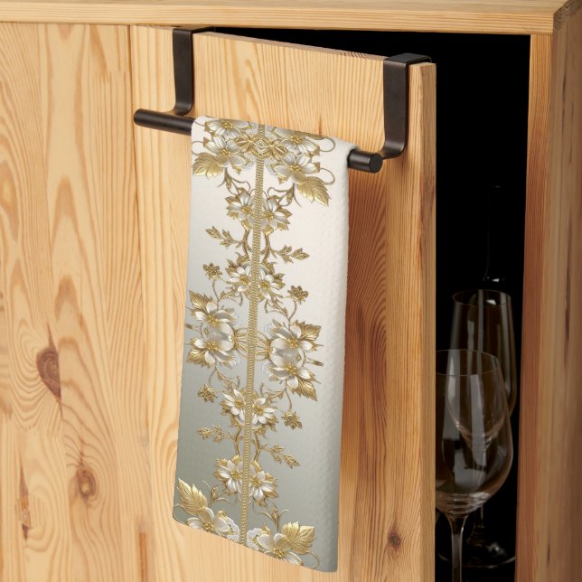 White Floral Gold Verziert Kitchen Handtücher (Drittel gefaltet)