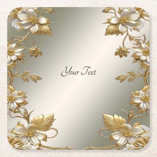 White Floral Gold Verziert Paper Untersetzer (Vorderseite)