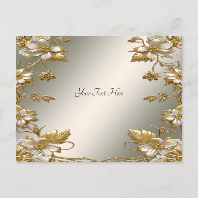 White Floral Gold Verziert Postcard Postkarte (Vorderseite)