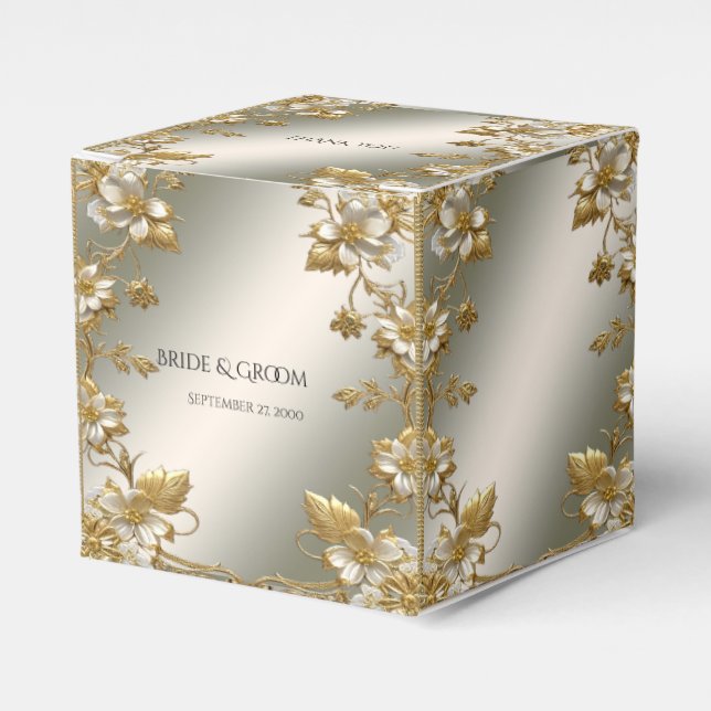 White Floral Gold Verzierte Favor Box Geschenkschachtel (Vorderseite)