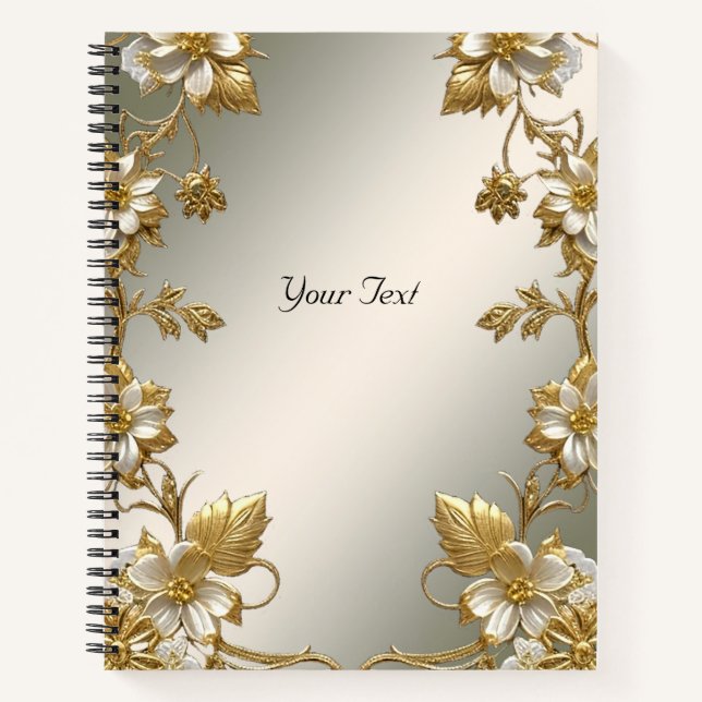 White Floral Gold Verziertes Notebook Notizbuch (Vorderseite)